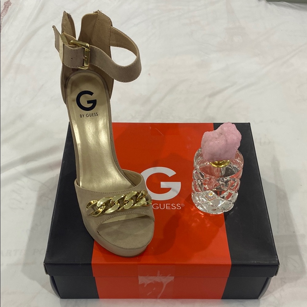 Guess Beige Heels with Gold Chain Accent